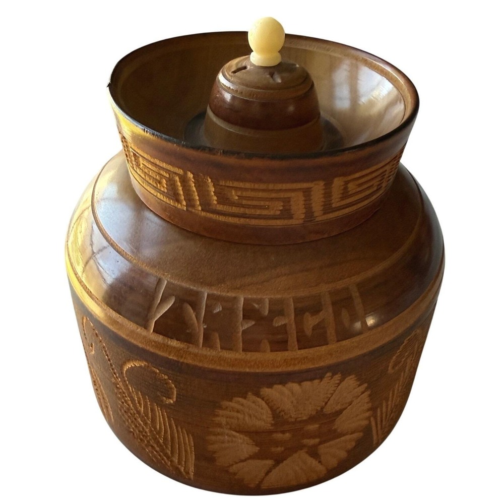 Taxco Mexico Hand Carved Wood Lidded Jar Folk Art Eagle Aztec Vintage Boho Decor - Picture 5 of 8